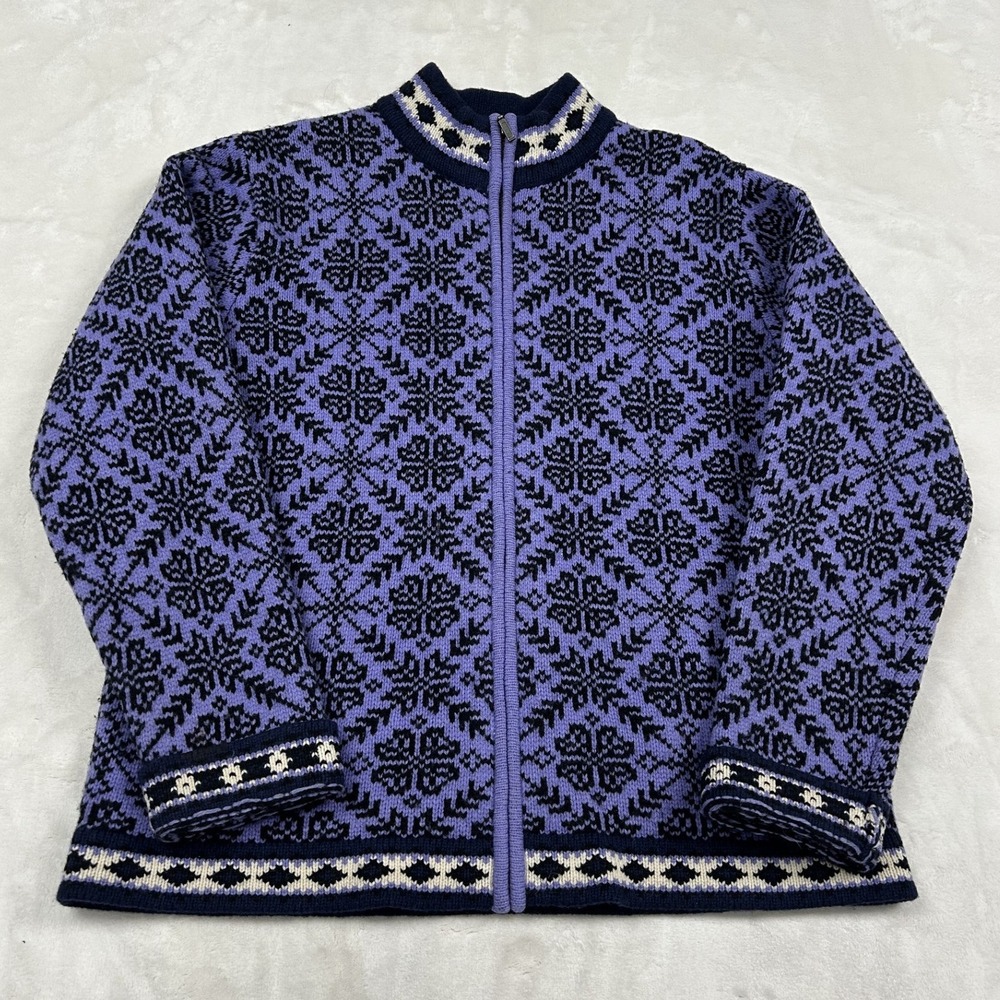 L.L. Bean Cardigan Sweater Womens M Purple Fair Isle Merino Wool Full Zip Mock